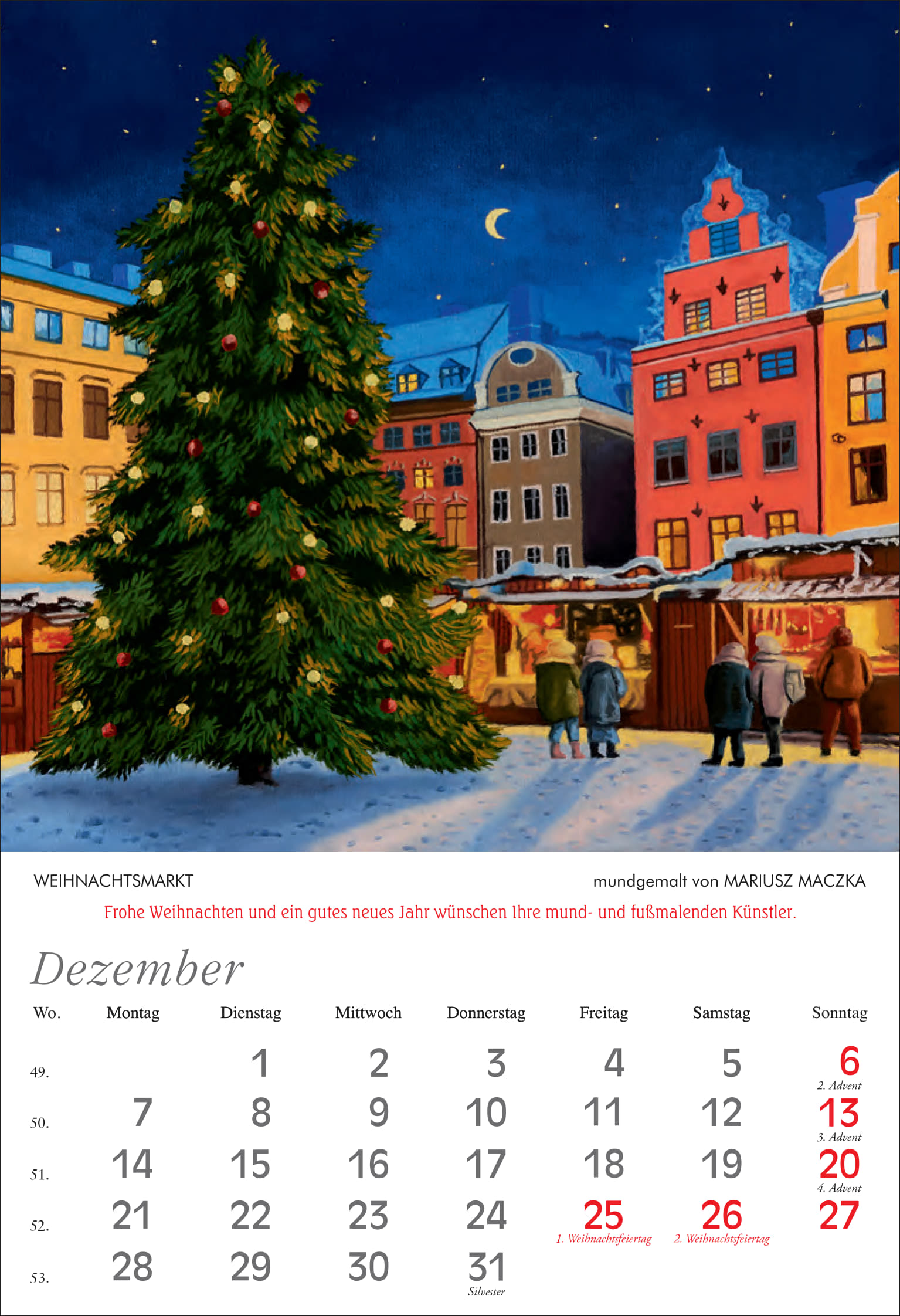Kunst-Kalender 2026 mit farbenfroher, mundgemalter Winterstadt, Weihnachtsbaum und Marktständen, davor Menschen im Schnee, darunter Kalenderblatt Dezember mit Feiertagen. Perfekt als Geschenk, hochwertig, barrierefrei und dekorativ.