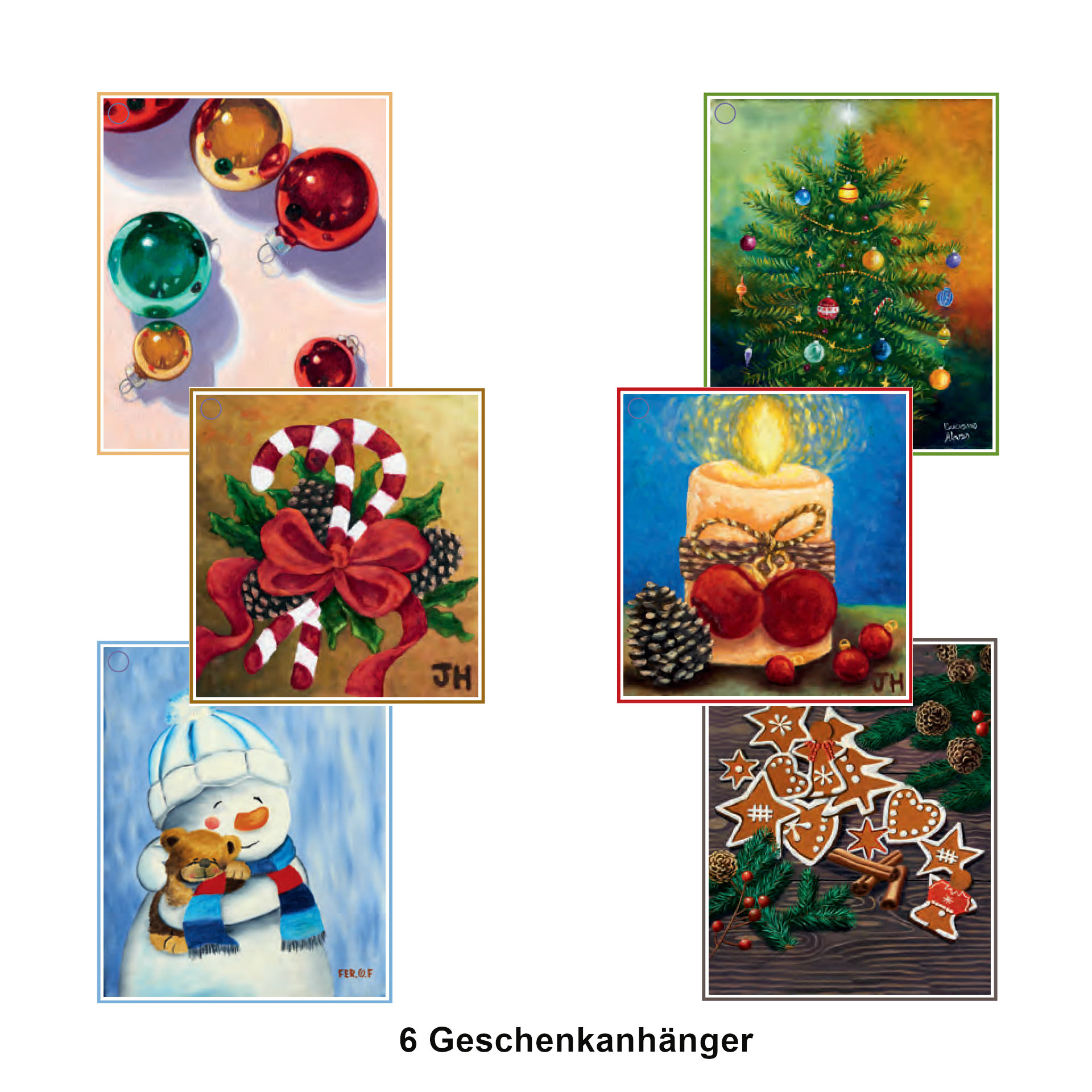 Set aus 6 weihnachtlichen Geschenkanhängern mit gemalten Motiven: Christbaumkugeln, Tanne, Kerze mit Kugeln, Schneemann, Lebkuchenplätzchen, Zuckerstangen. Designt von mund- und fußmalenden Künstler*innen.
