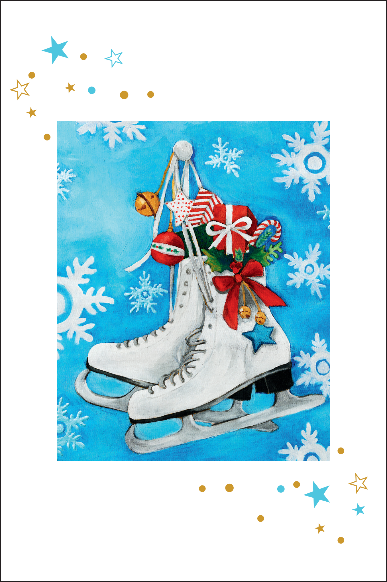 Schlittschuhe (2322) Winterliche Doppelkarte mit weißen Schlittschuhen, geschmückt mit Geschenken, Schleifen und Weihnachtsanhängern auf blauem Hintergrund mit Schneeflocken; inkl. passendem Umschlag, Motiv von Fußmalerin Dejana Bačko.
