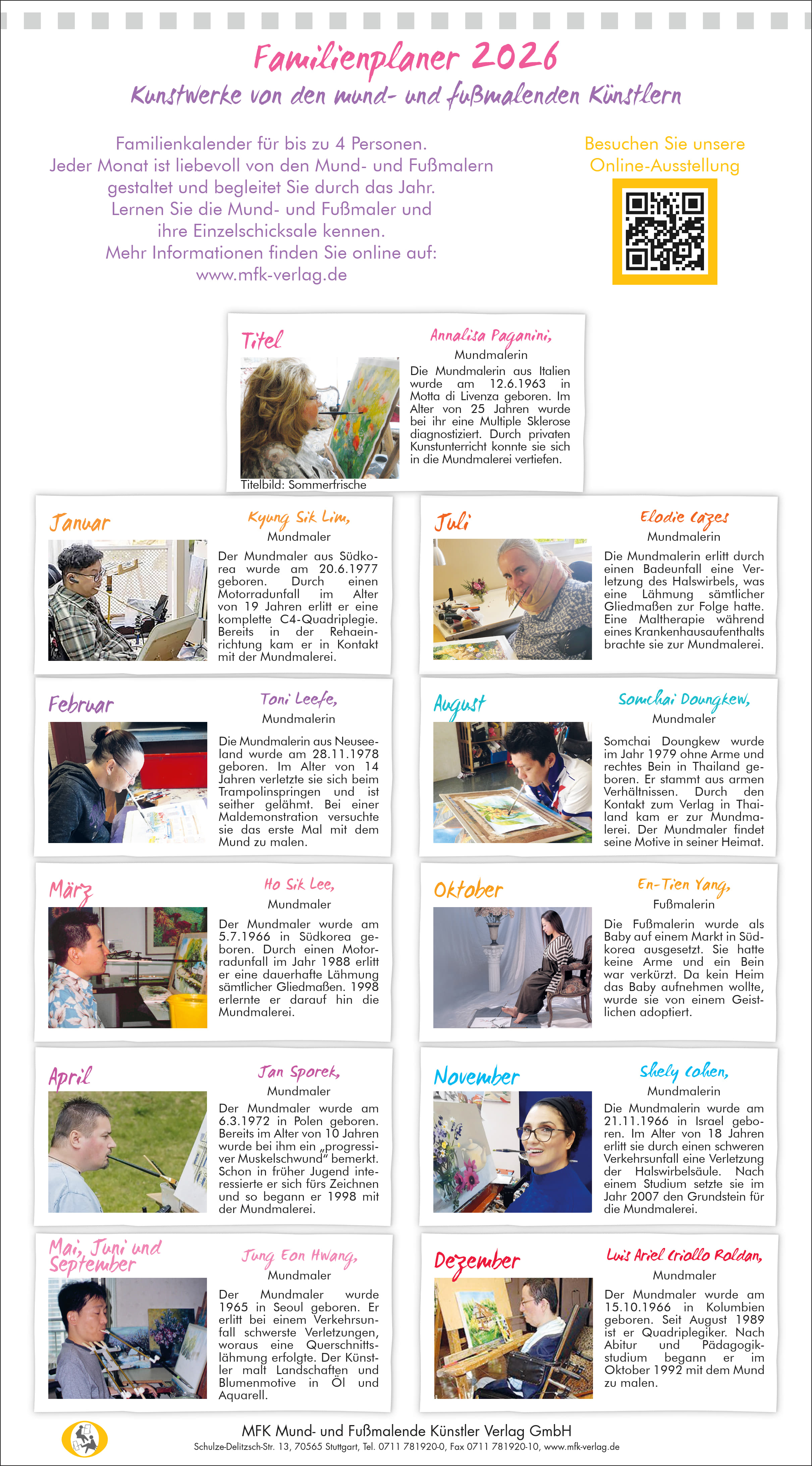 Familienplaner 2026 mit farbigen Kunstwerken der Mund- und Fußmaler*innen, 12 Monatsseiten, Platz für Termine von 3 bis 4 Personen, zum Aufhängen, Format 20,5 x 37 cm, Künstler-Inspiration und Barrierefreiheit für die ganze Familie.