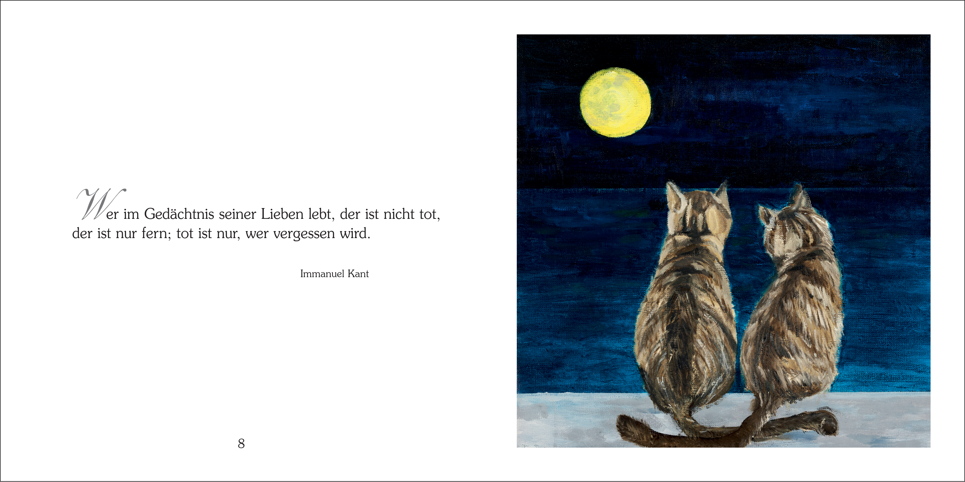 Aufgeschlagenes Geschenkbuch „Herzliche Anteilnahme“ mit Katzengemälde unter Vollmond und Aphorismus von Immanuel Kant, tröstliche Geschenkidee für Trauerfälle, Format 14 x 14 cm mit Illustrationen und Umschlag.