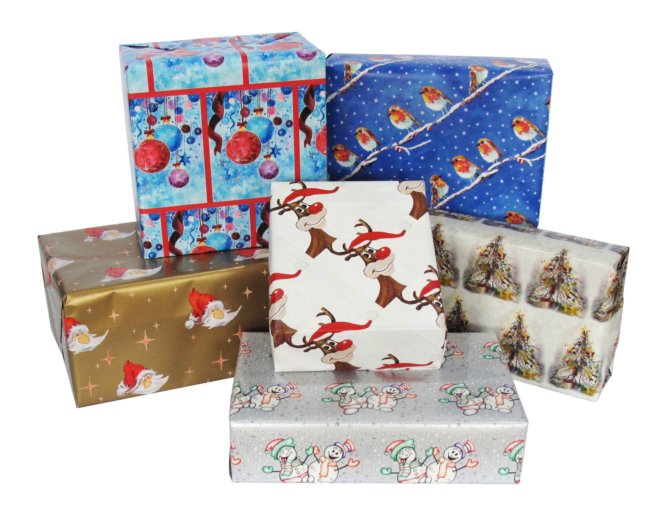 Geschenkpapier mit Weihnachtsmotiven (2345) Sechs Geschenke in weihnachtlichem Geschenkpapier mit Motiven wie Rentier, Weihnachtsbaum, Schneemann, Vögeln, Christbaumkugeln und Weihnachtsmann, handgemalt von mund- und fußmalenden Künstler*innen, bunt arrangiert.