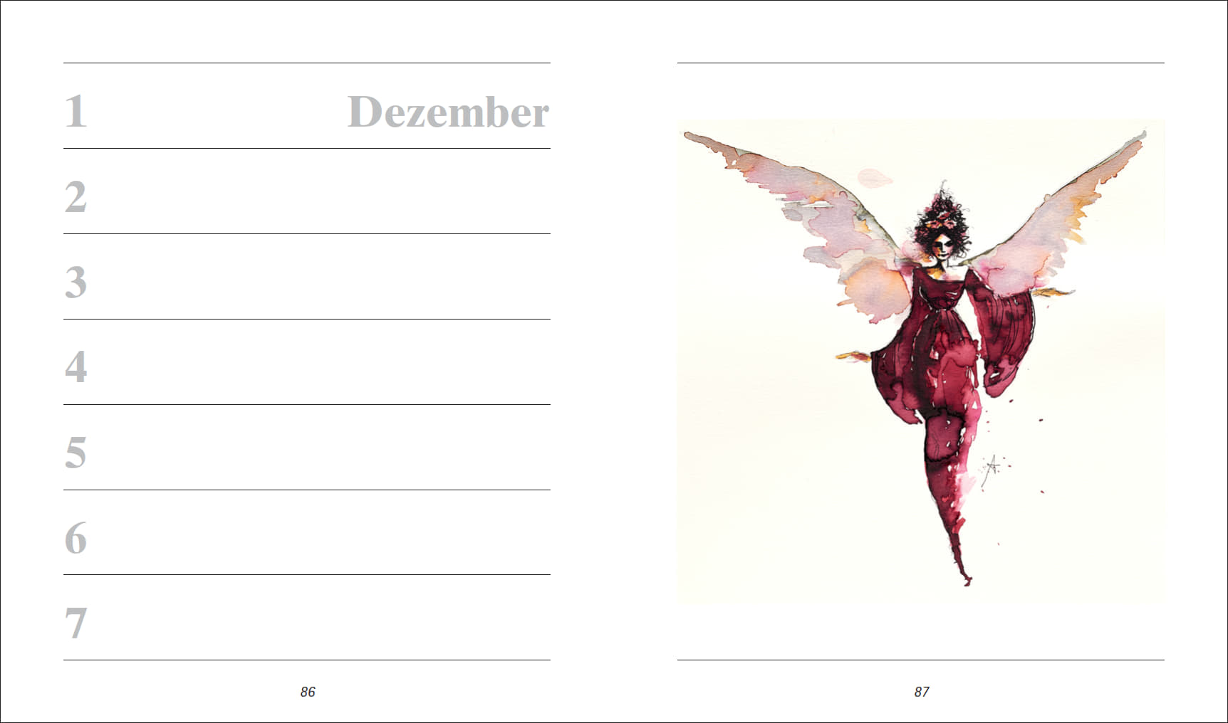 Offene Doppelseite Kalender-Jahrbuch: links Dezembereinstieg mit Linien zum Eintragen von Terminen, rechts Aquarell einer Frau mit Flügeln in Rot-Pink, gemalt von einer Mund- und Fußmalerin.