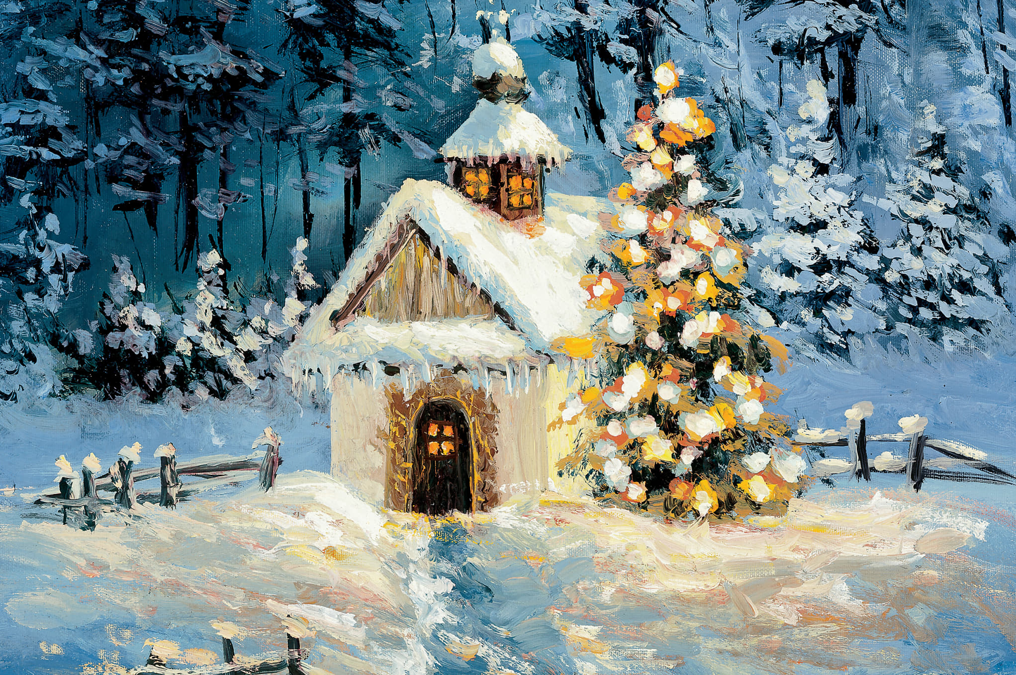 Kapelle im Schnee (2313) Winterliche Doppelkarte mit Motiv einer verschneiten Kapelle und geschmücktem Tannenbaum im Schnee, Originalbild von Stanislaw Kmiecik, inklusive passendem Kuvert, ideal für Weihnachtsgrüße und festliche Anlässe.