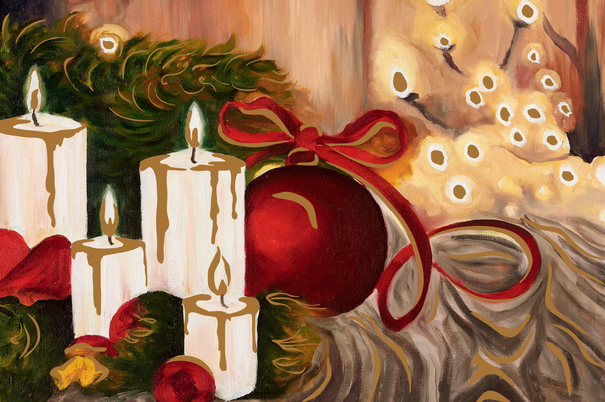 Im Advent (2418) Gemalte Adventskarte mit drei weißen brennenden Kerzen, roter Weihnachtskugel mit Schleife, grüner Tannenzweig und goldenen Lichtern im Hintergrund, Motiv von Mundmaler Paulo Silva Machado Marcos, besinnlich und festlich.
