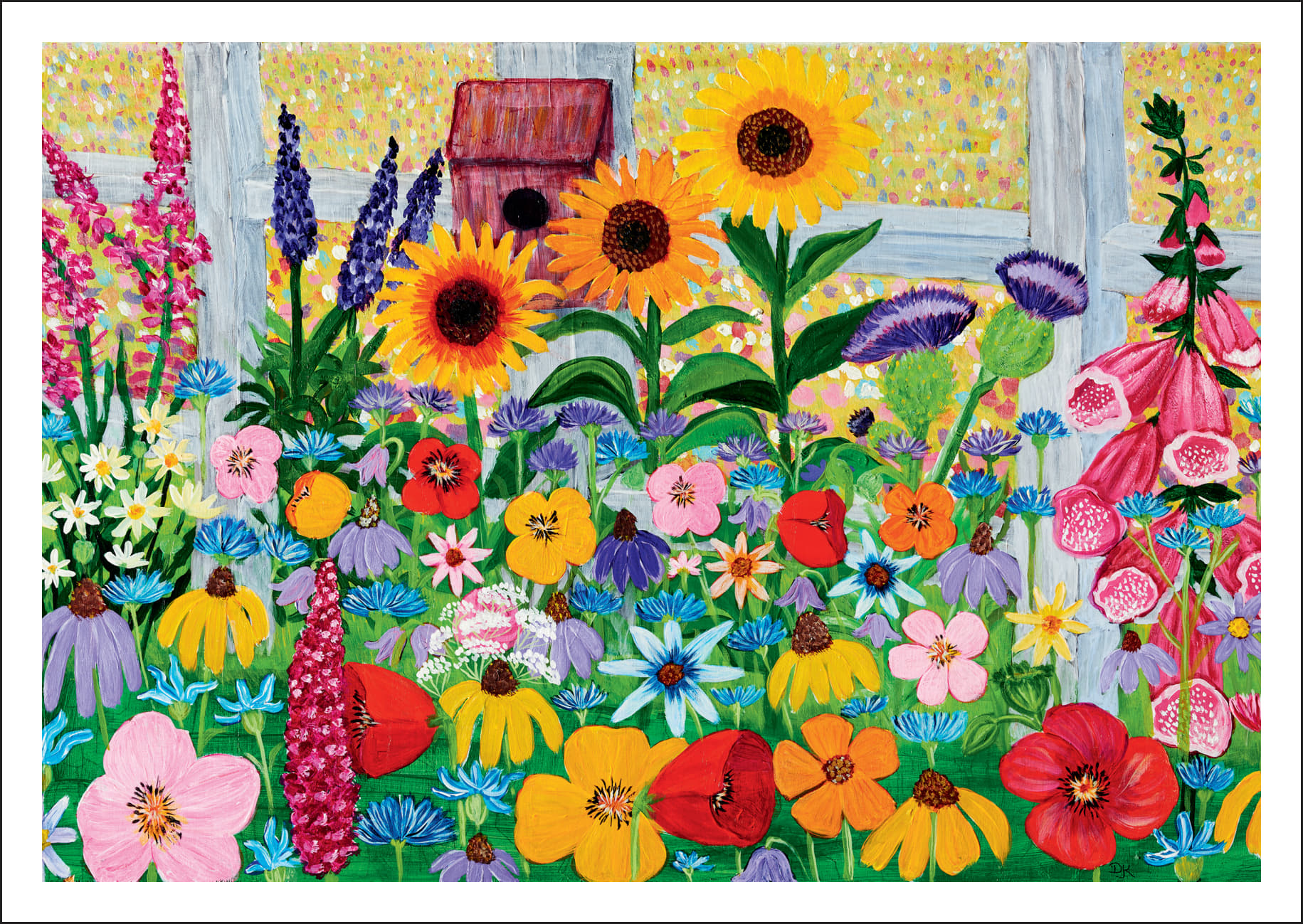 Sommer am Zaun (2506) Bunte Postkarte „Sommer am Zaun“ mit farbenfrohen Blumen, Sonnenblumen, Mohn und Vogelhaus vor weißem Zaun, detailreich gemalt von Mundmalerin Debra Kessler, perfekte Grußkarte für Frühling und Sommer.