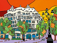 Buntes Gemälde der Casa Milà in Barcelona, organisches Gebäude im modernen Stil, umgeben von Bäumen und Straßenlaternen, farbenfroher Sonnenuntergang im Hintergrund, ideal als dekoratives Wandbild für Kunstliebhaber und Spanien-Fans