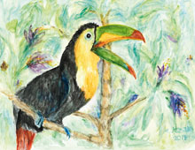Bunte Zeichnung eines Tukan-Vogels mit großem, grün-gelbem Schnabel auf einem Ast vor tropischem, grünen Blatt-Hintergrund – exotisches Tiermotiv, ideal als dekoratives Wandbild für Wohnzimmer, Büro oder Kinderzimmer.