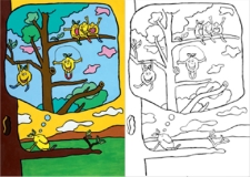 Ausmalbild für Kinder mit fröhlichen Vögeln auf einem Baum, links bunt ausgemalt, rechts als Schwarz-Weiß-Vorlage zum Ausmalen, natürliche Landschaft mit Wolken, ideal für kreatives Lernen und Beschäftigung.