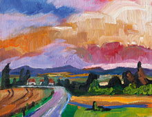 Buntes Gemälde einer ländlichen Landschaft mit kurviger Straße, Feldern, Bäumen, kleinen Häusern und farbenprächtigem Himmel bei Sonnenuntergang; modernes Wandbild, ideal als Dekoration oder Geschenk für Kunstliebhaber.