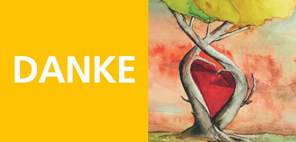 Zweiteiliges Bild: Links gelber Hintergrund mit weißem "DANKE"-Schriftzug, rechts Aquarell einer Baumskulptur mit zwei ineinander verschlungenen Stämmen, die gemeinsam ein rotes Herz formen, grüne Baumkrone darüber.