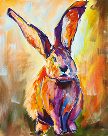 Bunt gemaltes Kaninchen auf abstraktem Hintergrund, moderne Acrylmalerei mit auffälligen Farben wie Orange, Violett und Gelb, ideal als dekoratives Wandbild und einzigartiges Geschenk für Tierliebhaber im Kunstdruck Online-Shop.