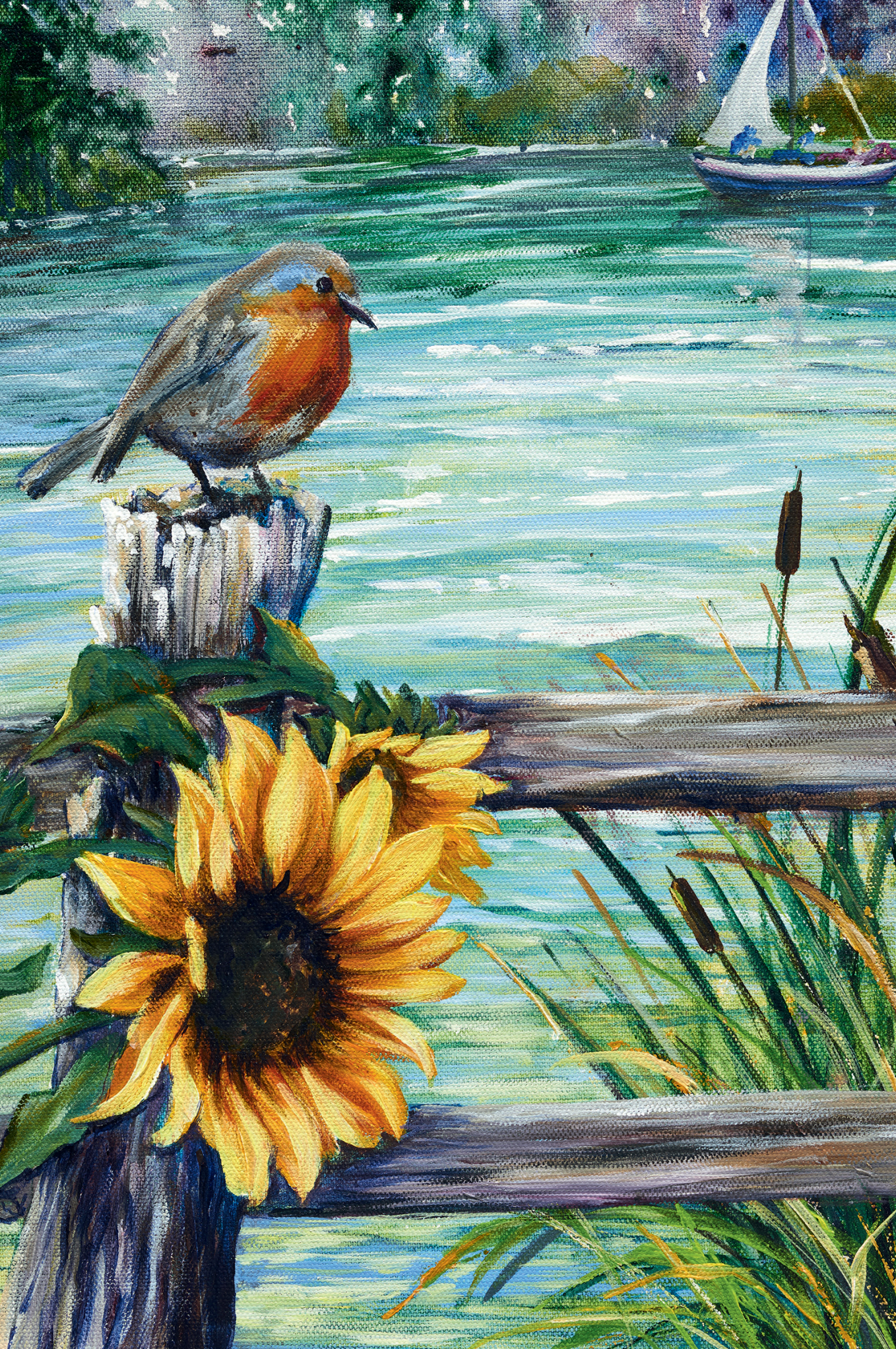 Rotkehlchen am See (2403) Doppelkarte mit Motiv "Rotkehlchen am See": Gemaltes Rotkehlchen auf Zaun mit Sonnenblume, ruhiger See und Segelboot im Hintergrund, nach Elodie Cazes, inkl. passendem Kuvert, liebevoll und detailreich gestaltet.