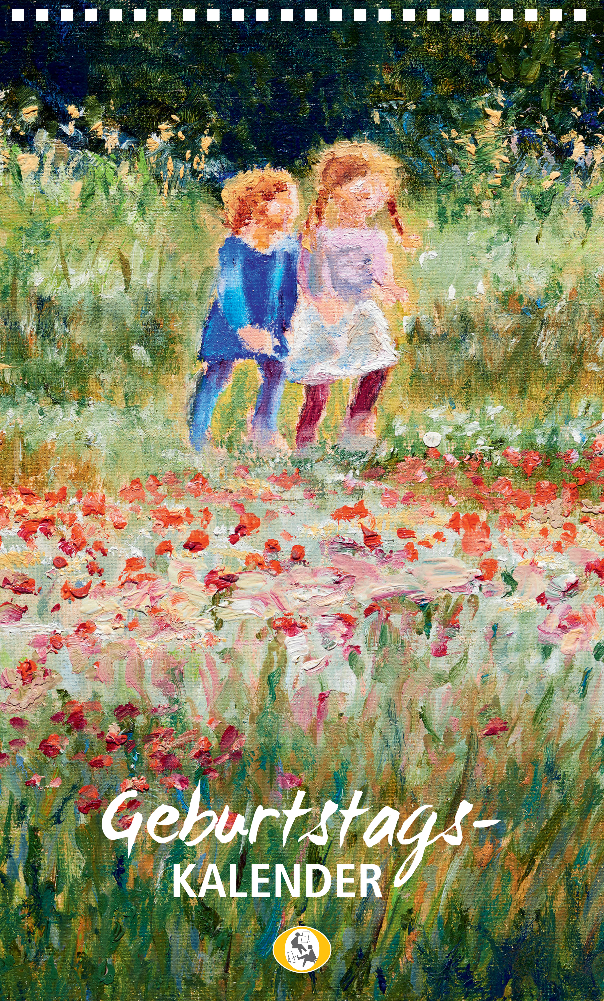 Geburtstagskalender (13102) Geburtstagskalender 2024 im Format 20,5 x 34 cm mit farbigen Kunstmotiven der Mund- und Fußmaler*innen, zeigt titelbild mit gemalten Kindern auf einer Blumenwiese, 12 Seiten, Platz für Notizen, zum Aufhängen.