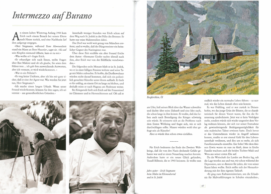 Aufgeschlagenes Buch mit Text und Farbfotos: links der Mundmaler Arnulf Erich Stegmann beim Malen im Schnee und als Porträt, rechts ein Gemälde einer Berglandschaft mit Kirche. Biografie Stegmann, Kunstband, 160 Seiten, gebunden.