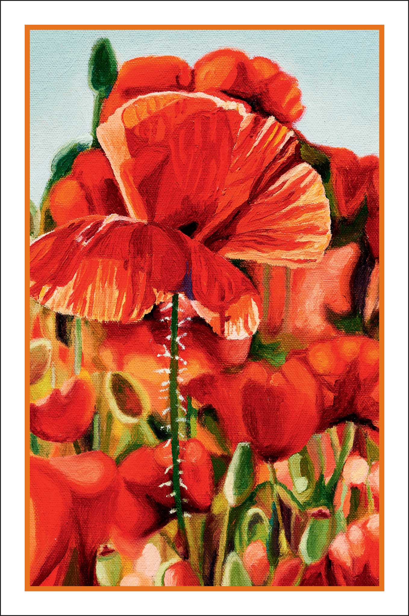 Mohnblumen (2401) Farbenfrohe Doppelkarte mit Mohnblumen-Motiv von Mundmalerin Sara Jane Parsons, detailreiche rote Blüten auf grünem Grund, inklusive passendem Kuvert – ideale Grußkarte für besondere Anlässe und Blumengeschenke.
