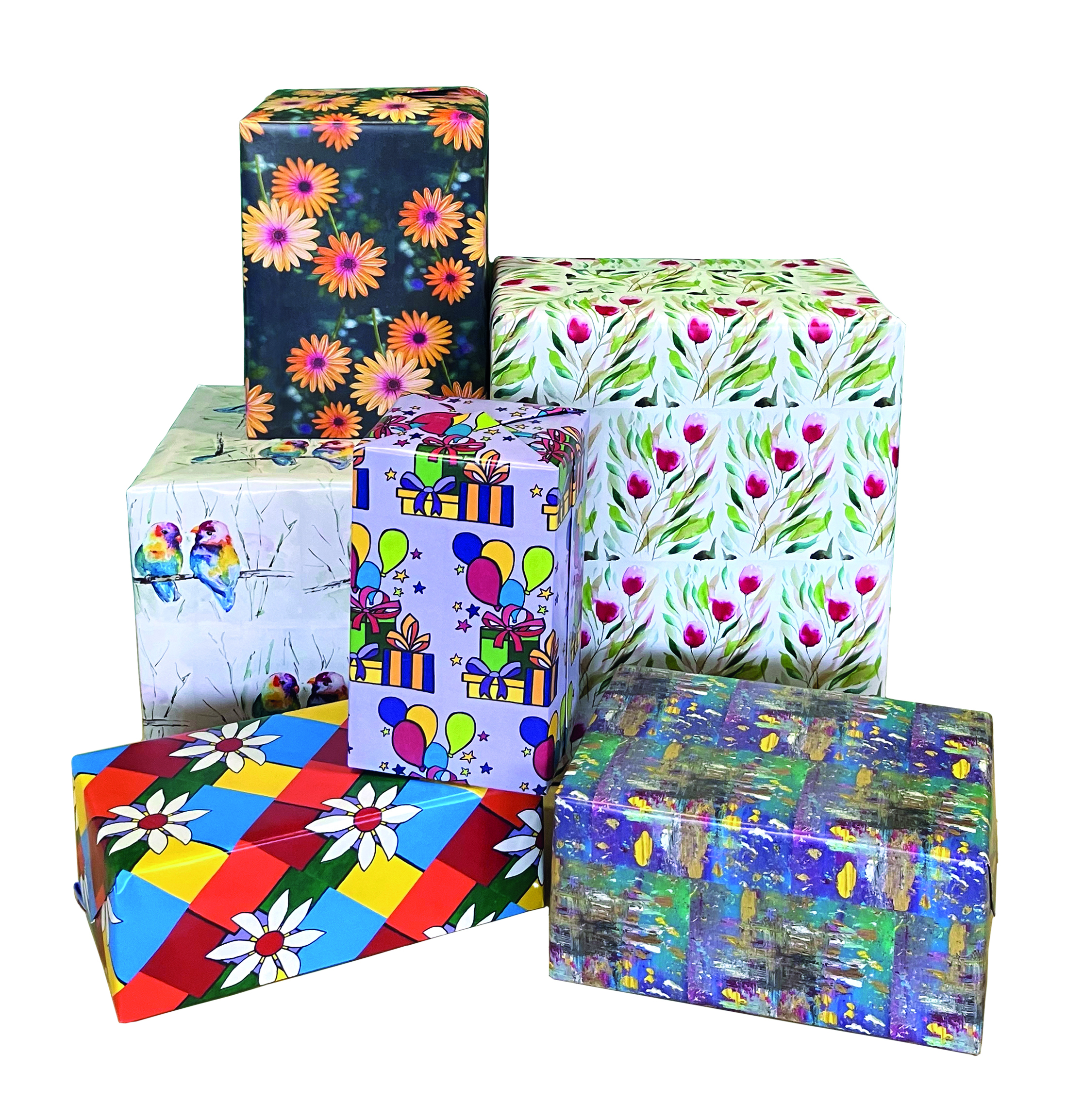 Geschenkpapier mit unterschiedlichen Motiven wie Blumen, geometrischen Mustern und Partymotiven.