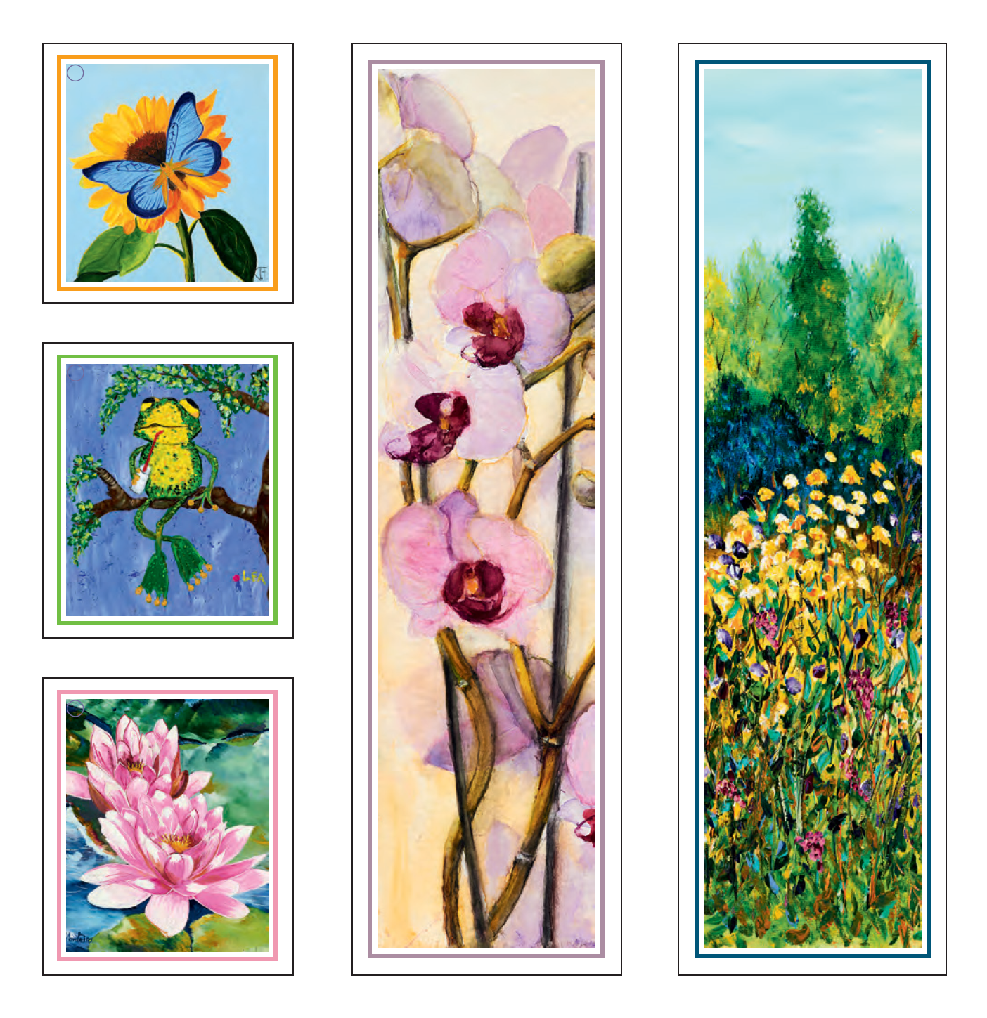 Lesezeichen und Geschenkanhänger (2432) Set mit beliebten Kunstkarten mund- und fußmalender Künstler: bunte Doppelkarten, farbenfrohe Postkarten, Geschenkanhänger, Lesezeichen und Blumenbrief mit Motiven wie Orchideen, Seerosen, Sonnenblume, Vogel und Blumenwiese.