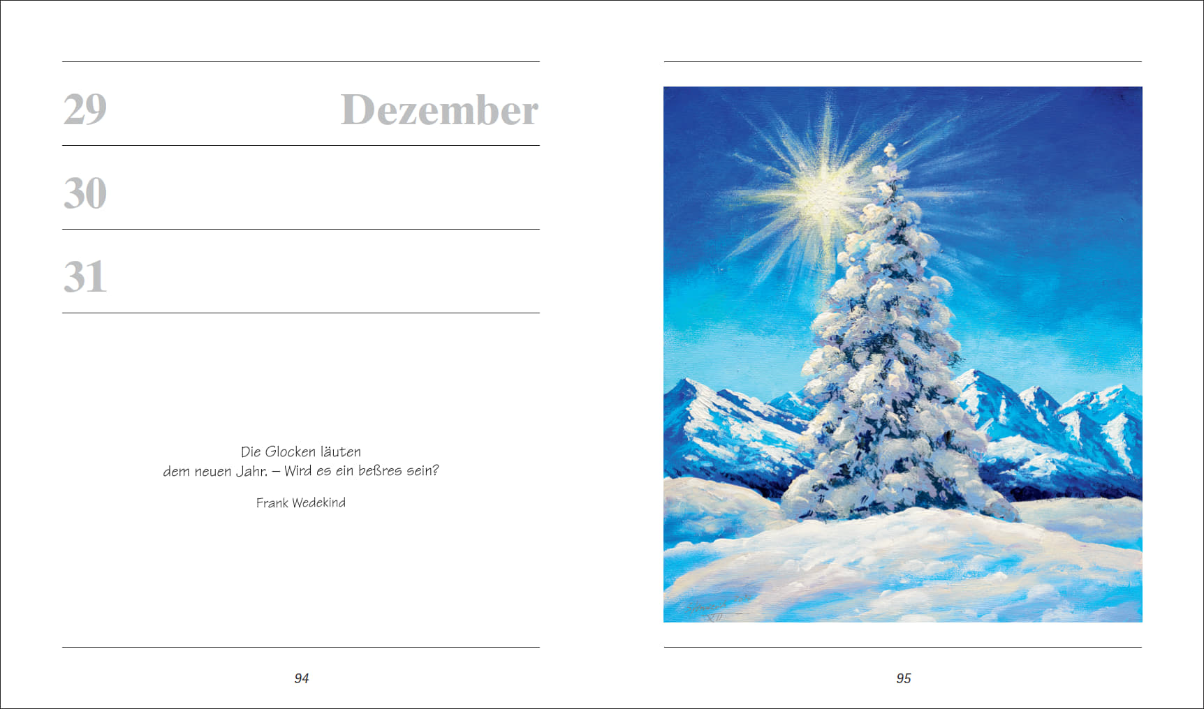 Offene Doppelseite des Geburtstagskalender-Jahrbuchs mit Dezember-Datum, Text von Frank Wedekind, rechts ein gemaltes Winterbild mit verschneitem Tannenbaum und Bergen, Motiv von Mund- und Fußmaler*innen.