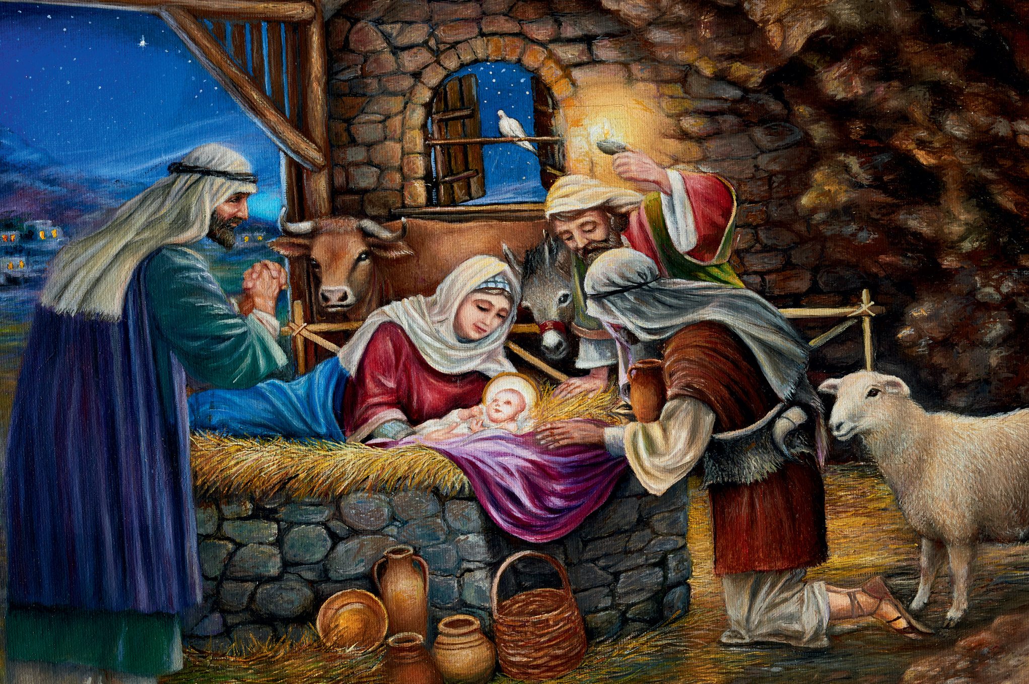 Im Stall zu Bethlehem (2420) Weihnachtliche Doppelkarte mit Kuvert, Motiv „Im Stall zu Bethlehem“: Gemälde zeigt die Heilige Familie mit Jesu Kind, Maria, Josef, Hirten, Ochs, Esel und Schaf im Stall bei Nacht, stimmungsvoll und detailreich.