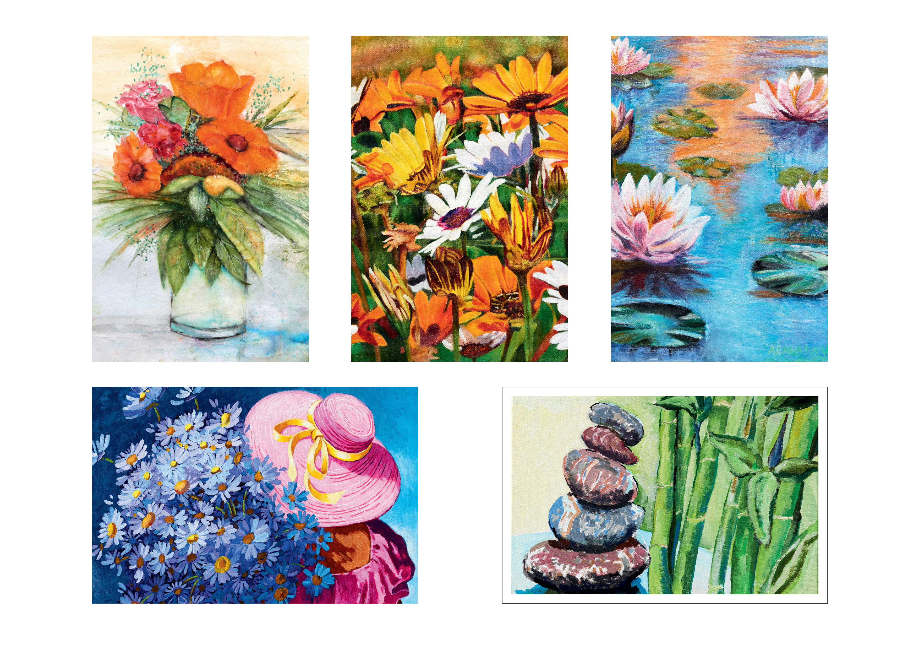 Kartenset mit 5 Aquarell- und Ölgemälden - Blumenstrauß, Wildblumenwiese, Seerosen, Gänseblümchen und Steinstapel