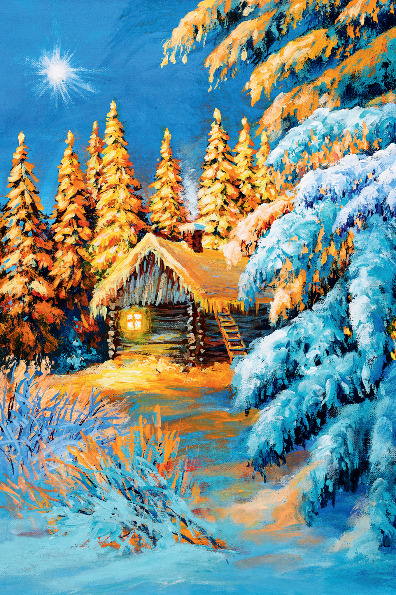 Im Winterwald (2413) Winterliche Doppelkarte “Im Winterwald” mit Kuvert, gemalt vom polnischen Mund- und Fußmaler Stanislaw Kmiecik: Gemütliche Holzhütte im verschneiten Wald, leuchtendes Fenster, umgeben von Tannen und blauem Himmel.