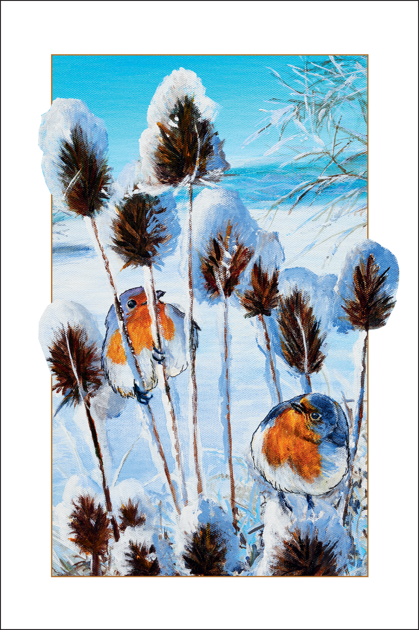 Rotkehlchen (2422) Winterliche Doppelkarte mit Rotkehlchen-Motiv von Elodie Cazes, zwei Rotkehlchen sitzen in schneebedeckten Pflanzen vor blauem Himmel, inklusive passendem Kuvert, stimmungsvolle Wintergrußkarte.
