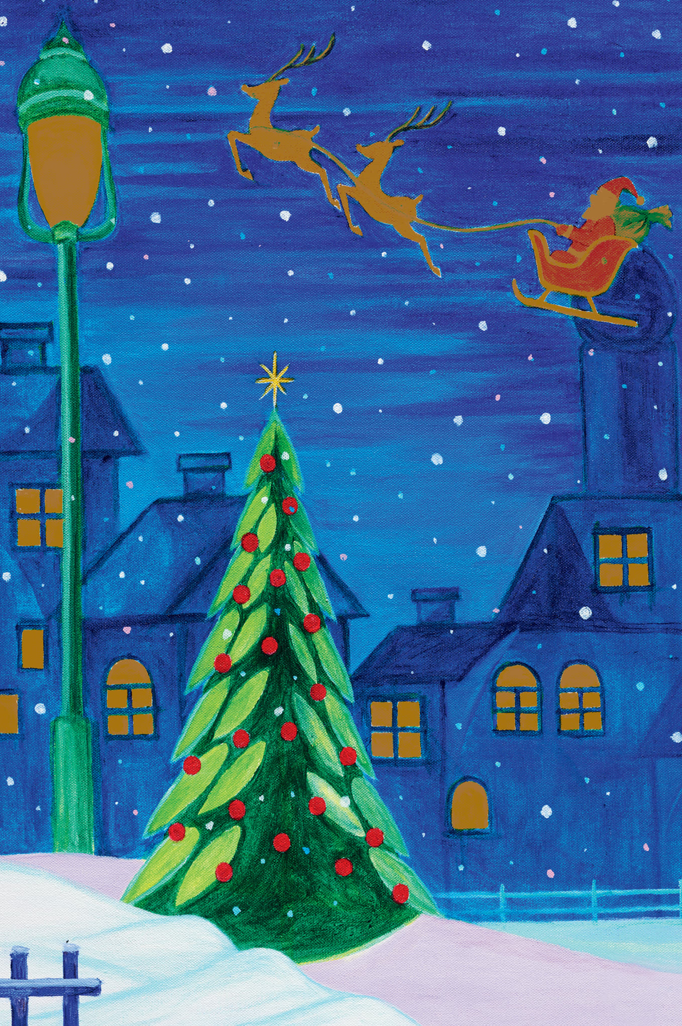 Weihnachtsabend (2310) Weihnachtliche Doppelkarte mit Goldprägung: Festlich geschmückter Tannenbaum im Schnee, dahinter Häuser, Sternenhimmel und Weihnachtsmann mit Rentierschlitten. Motiv „Weihnachtsabend“ von Mundmaler Carlos Arturo Barrera.