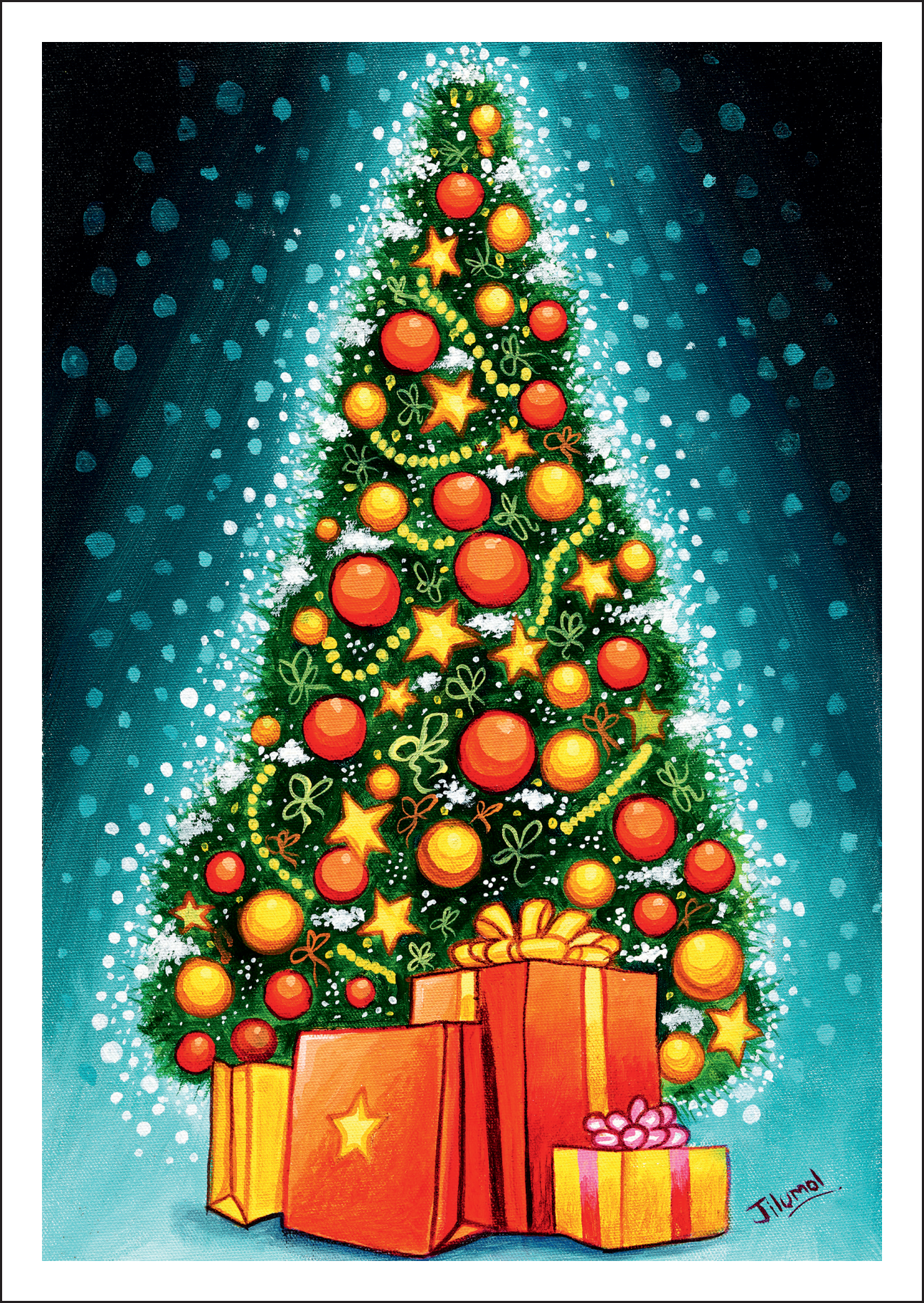 Weihnachtsbaum (2416) Weihnachtliche Postkarte mit festlich geschmücktem Weihnachtsbaum voller goldener Sterne und Kugeln, davor bunte Geschenkpäckchen auf blauem Hintergrund, Motiv von Fußmalerin Jilumol Mariet Thomas.