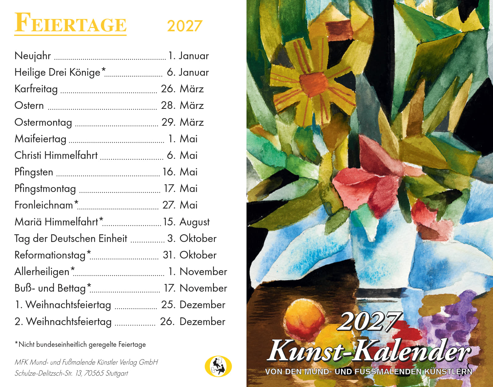 Taschenkalender 2027 mit Feiertagsübersicht und abstraktem Blumenmotiv auf der Vorderseite, Jahreskalender auf der Rückseite. Kunstwerk von mund- und fußmalenden Künstlern.