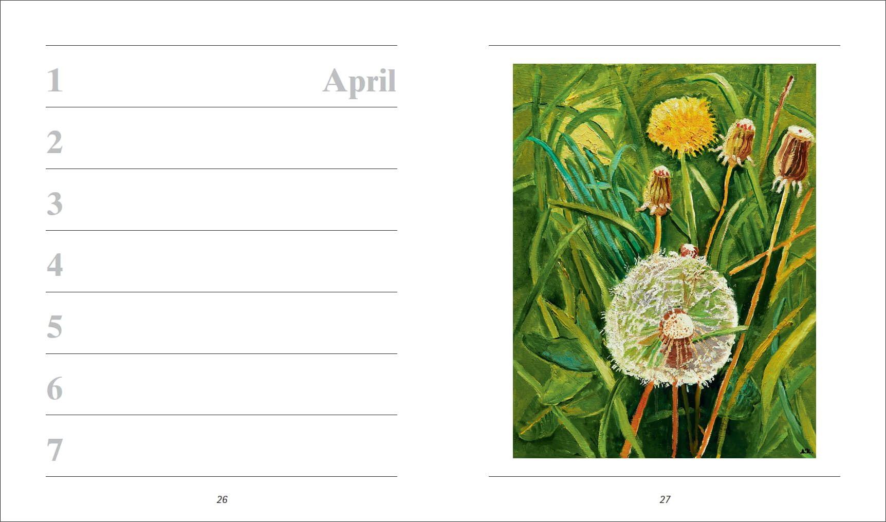 Offenes Kalender-Jahrbuch mit Wochenübersicht und Kunstbild: Linke Seite zeigt Datenzeilen für Termine im April, rechte Seite zeigt ein gemaltes Löwenzahn-Motiv auf grünem Hintergrund von Mund- und Fußmalern.