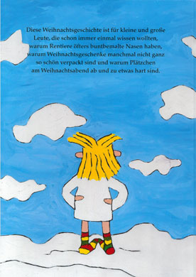 Bunt illustrierte Buchcover von „Warum an Weihnachten Plätzchen hart sind“: Engel Karl mit gelbem Haar steht in weißem Mantel und roten Schuhen in verschneiter Landschaft vor blauem Himmel mit Wolken; Kinderbuch von Lars Höllerer.