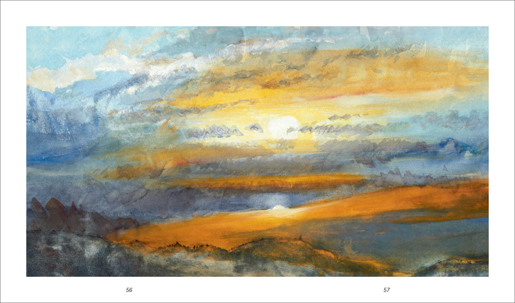 Aquarellgemälde eines Sonnenaufgangs mit leuchtenden Gelb- und Blautönen, illustriert von Mund- und Fußmaler*innen, als Kalender-Motiv im gebundenen Kalender-Jahrbuch mit Lesebändchen, 12 x 17,5 cm, 96 Seiten.