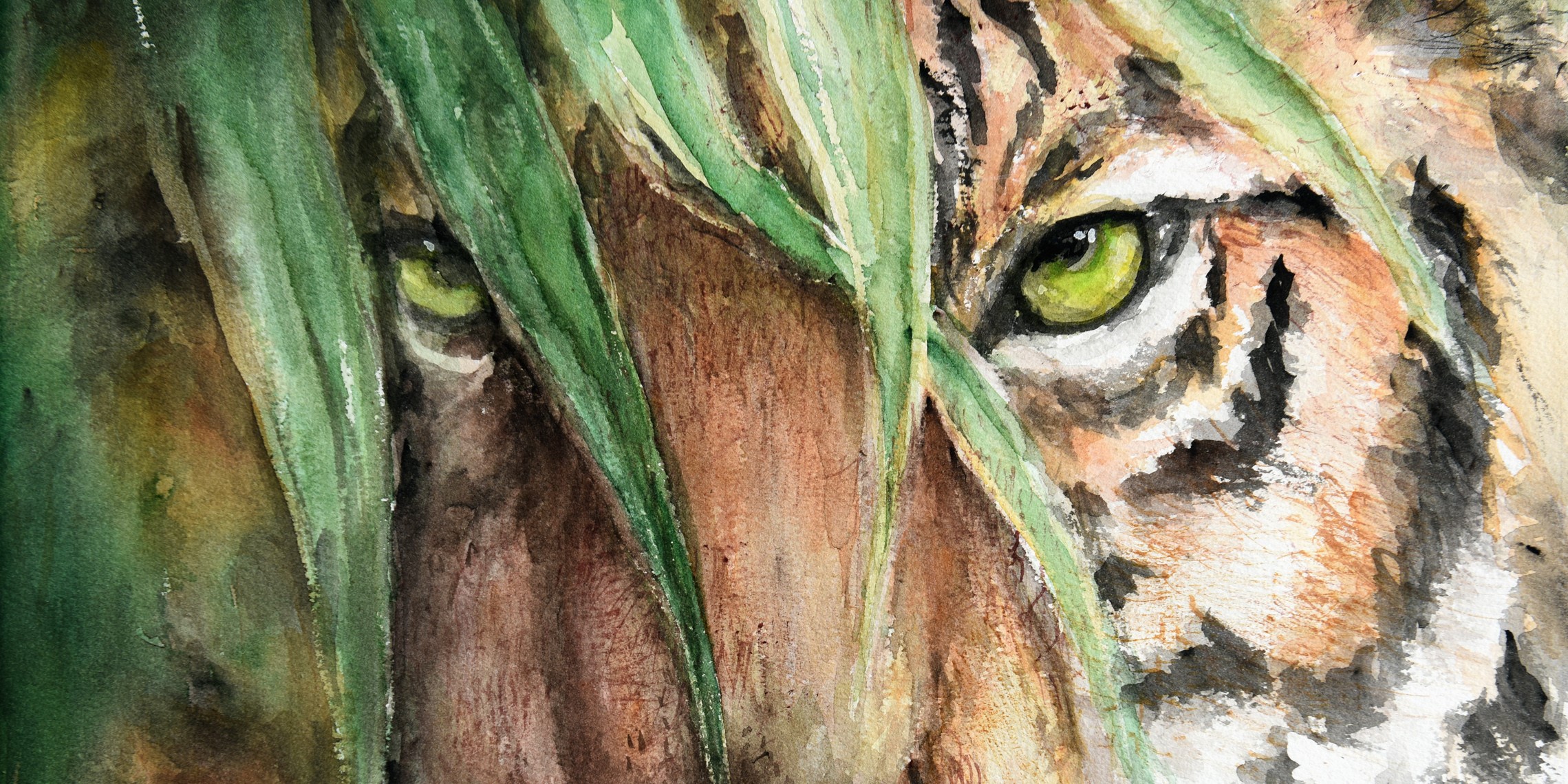 Aquarell-Gemälde eines Tigerkopfes mit intensiven grünen Augen, teilweise hinter grünen Blättern verborgen, natürliche Farben, detaillierte Struktur – perfekte Wanddekoration für Naturliebhaber und Tierfreunde.