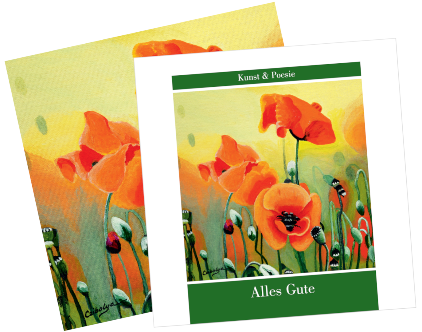 Alles Gute Gebundenes Geschenkbuch „Alles Gute“, 14x14 cm, mit bunten Mohnblumen-Illustrationen und Bienen, grünem Umschlag, Aphorismen, Versandumschlag und Adressaufkleber, ideal zum Verschenken und für Kunst- und Poesiefreunde.