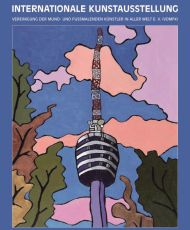 Plakat zur internationalen Kunstausstellung mit gezeichnetem Fernsehturm vor buntem, abstraktem Himmel und stilisierten Bäumen; moderne Kunst als Poster, kräftige Farben, klare Konturen, Barrierefreiheit, Kunst für alle.