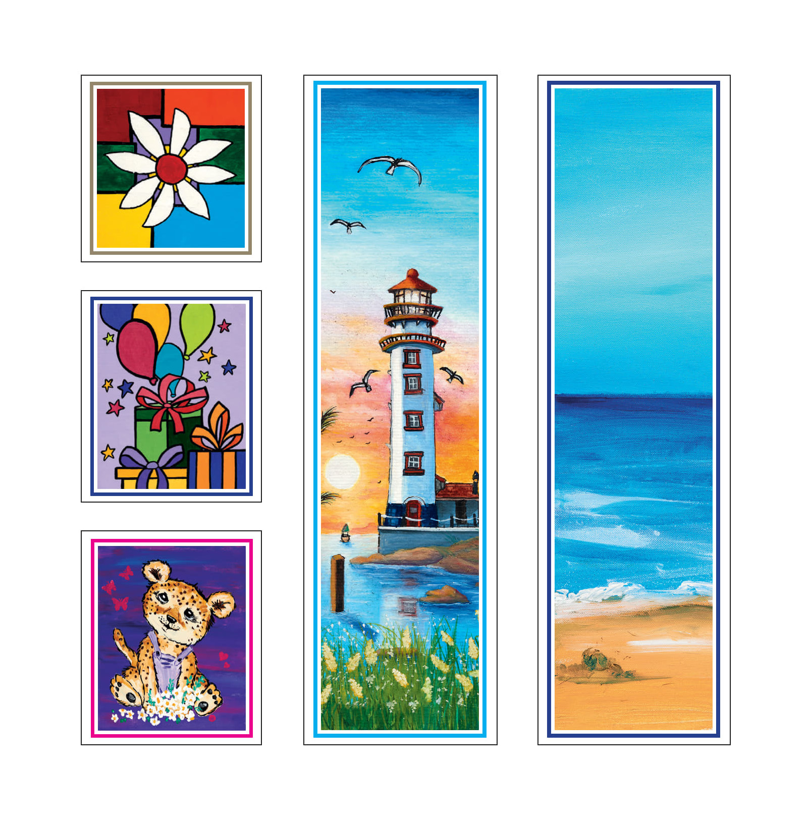 Set aus Lesezeichen und Geschenkanhängern mit farbenfrohen Motiven: Stilisierte weiße Blüte mit rotem Zentrum auf buntem geometrischen Hintergrund in den Farben Orange, Grün, Gelb und Blau. Bunte Cartoon-Illustration mit Luftballons in verschiedenen Farbe