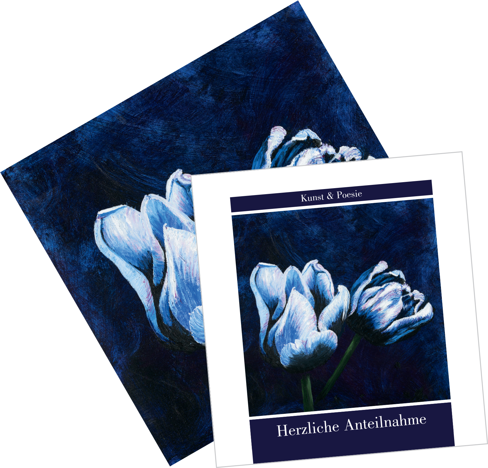 Trauerbuch (13154) Geschenkbuch „Herzliche Anteilnahme“ mit 46 Seiten, floraler Illustration von weißen Tulpen auf dunkelblauem Hintergrund, inkl. Geschenk-/Versandumschlag und Adressaufkleber, 14x14 cm, Trauer Buch mit Aphorismen