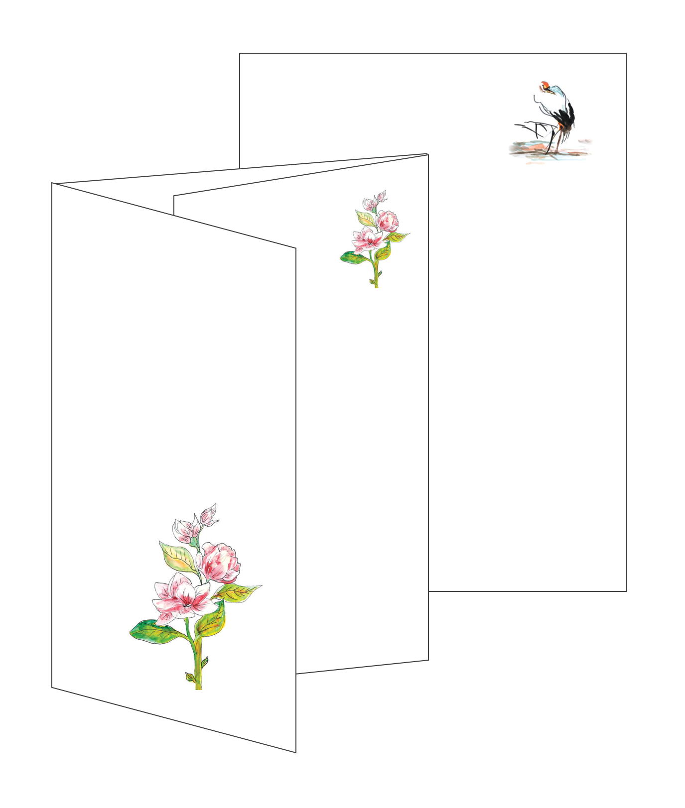 Blumenbriefbox (2435) Zwei Grußkarten aus dem Set der mund- und fußmalenden Künstler: Eine Karte zeigt rosa Blüten mit grünen Blättern, die andere einen storchähnlichen Vogel auf weißem Hintergrund. Ideal als Doppelkarte für Frühling und Grüße.