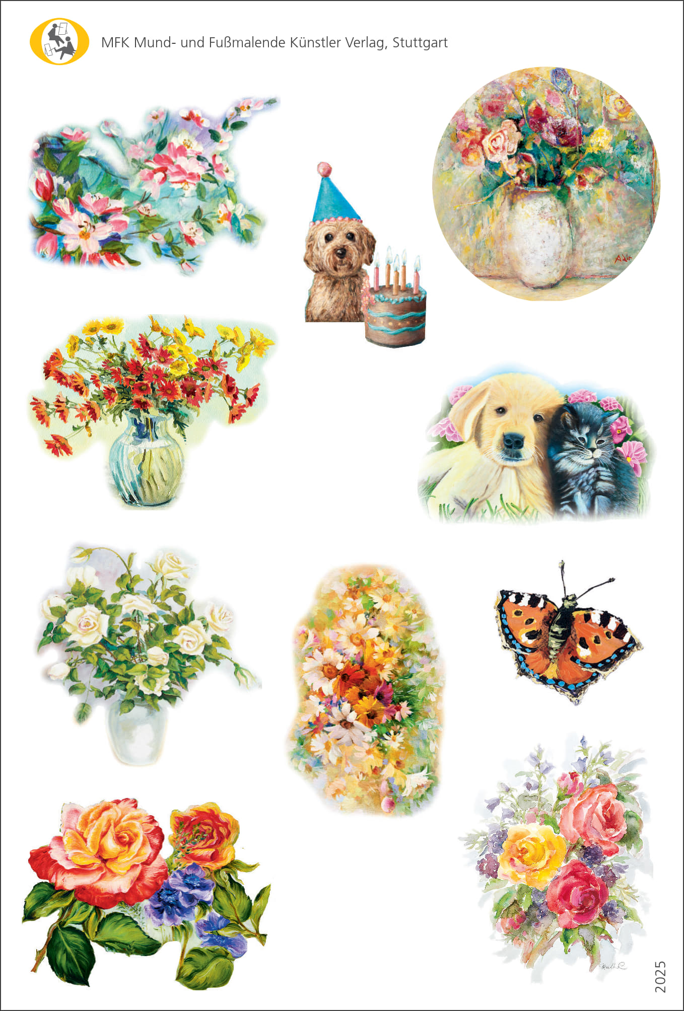 Stickerbogen (2525) 10 frühlingshafte und farbenfrohe selbstklebende Sticker mit Blumen, Hund, Katze, Schmetterling und Geburtstagsmotiv, illustriert von mund- und fußmalenden Künstler*innen, ideal zum Verzieren von Briefen und Geschenken.