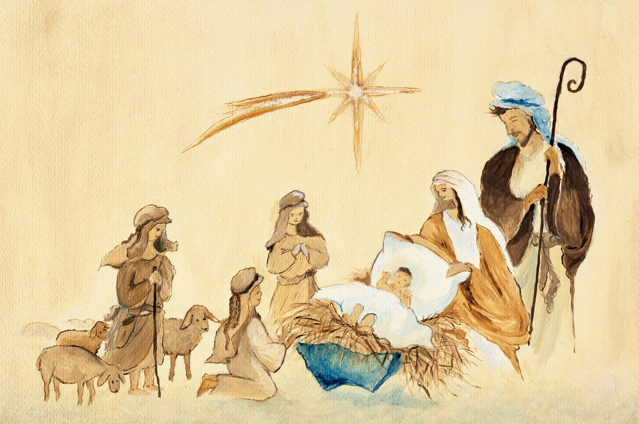 Weihnachtskrippe mit Maria, Josef, Christuskind, Hirten und Schafen unter dem Bethlehem-Stern. Zart-erzählend.