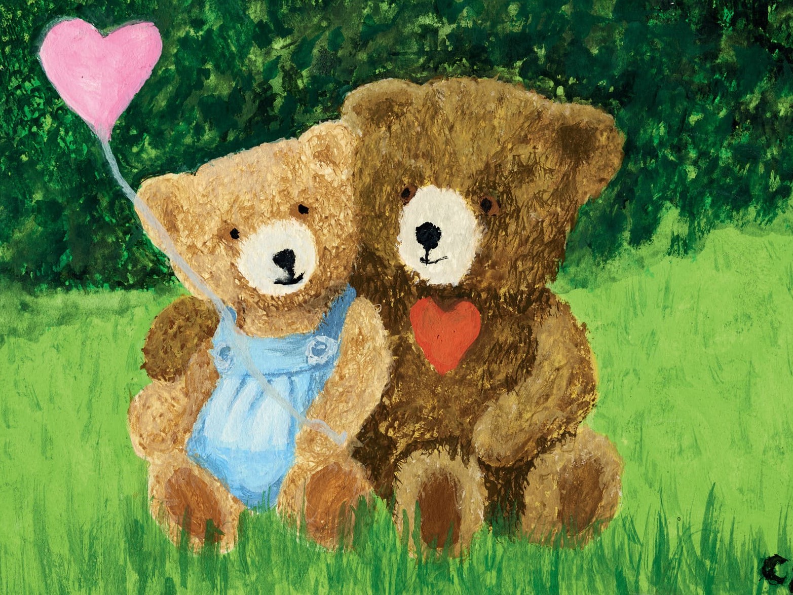 Zwei süße Teddybären sitzen auf grüner Wiese vor grünen Büschen. Einer trägt ein blaues Kleid und hält einen Herzluftballon, der andere hat ein rotes Herz am Bauch. Perfektes Geschenk für Kinder und Kuschelfans.