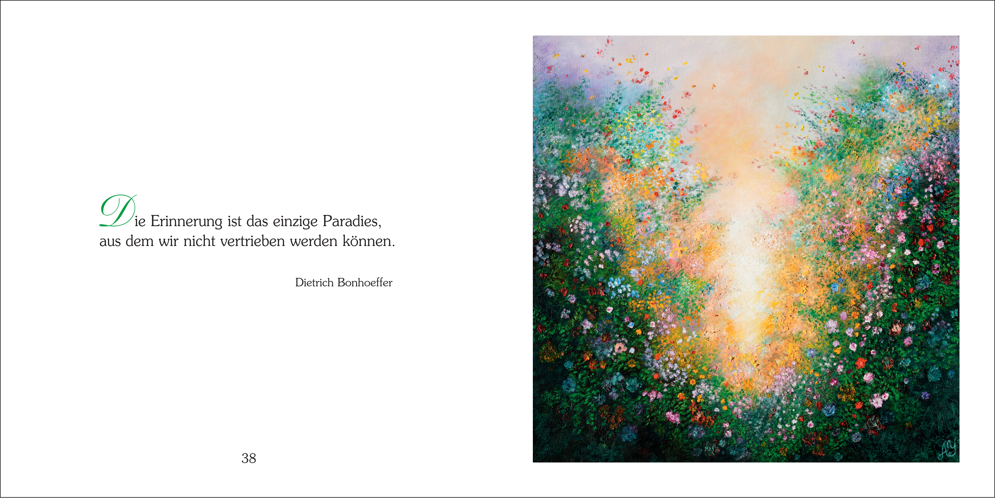 Aufgeschlagenes Geschenkbuch „Herzliche Anteilnahme“, links Aphorismus von Dietrich Bonhoeffer, rechts farbenfrohes, tröstliches Blumenbild; einfühlsames Trauerbuch, 14x14 cm, inkl. Geschenkumschlag und Adressaufkleber.