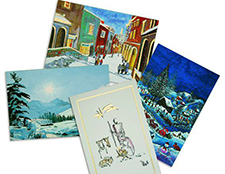 Vier bunte Weihnachtskarten mit winterlichen Motiven: verschneite Stadt, Winterlandschaft, festliche Dörfer und goldene Symbole auf cremefarbener Karte, ideal als Grußkarten-Set für Weihnachten im Onlineshop