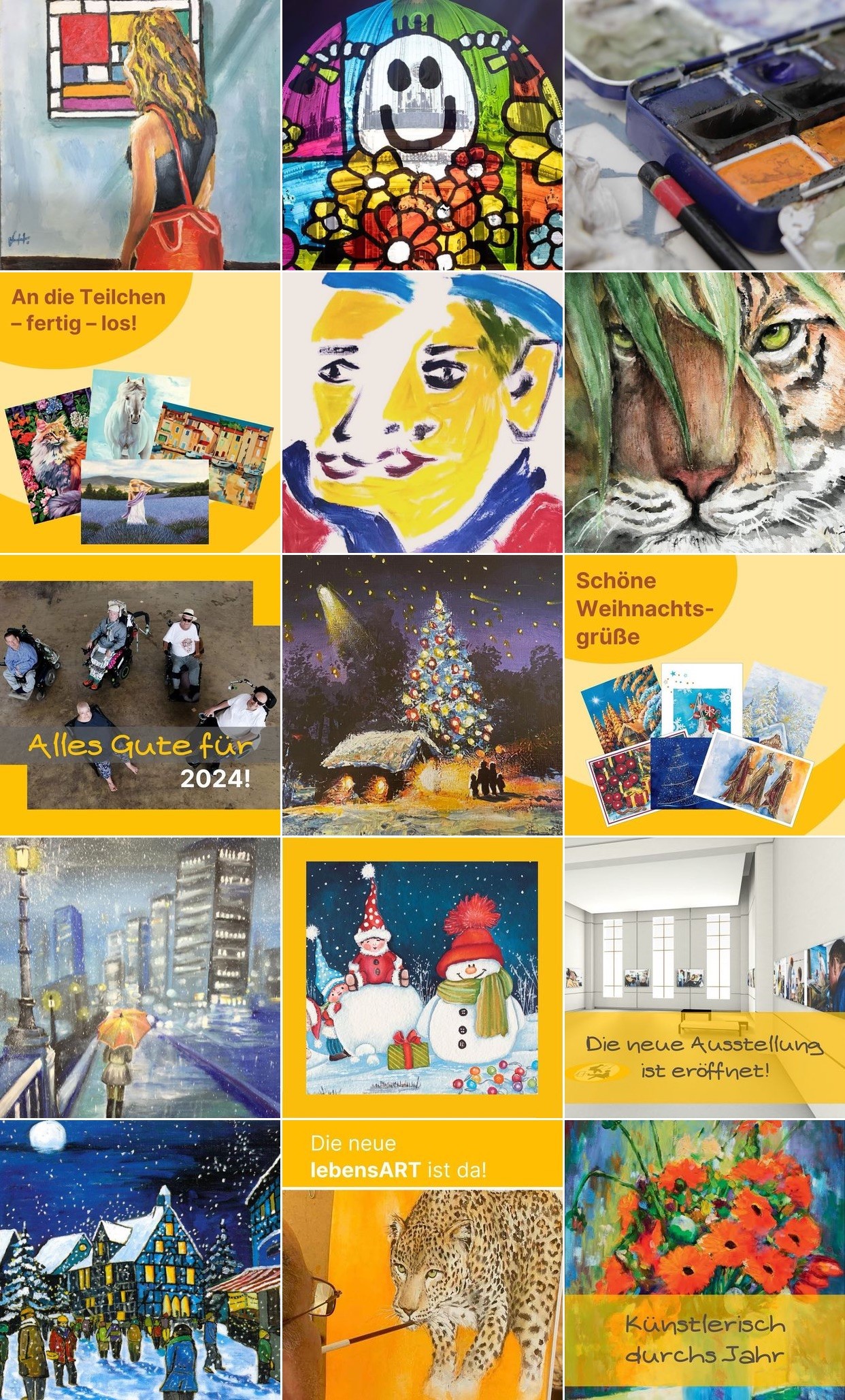 Collage aus 15 bunten Bildern: Gemälde, winterliche Weihnachtskarten, fröhliche Menschen, Tiere, Blumen, Kunstausstellung und Farbkasten, ideal für kreative Geschenkideen und inspirierende Wanddekoration im Onlineshop kaufen.