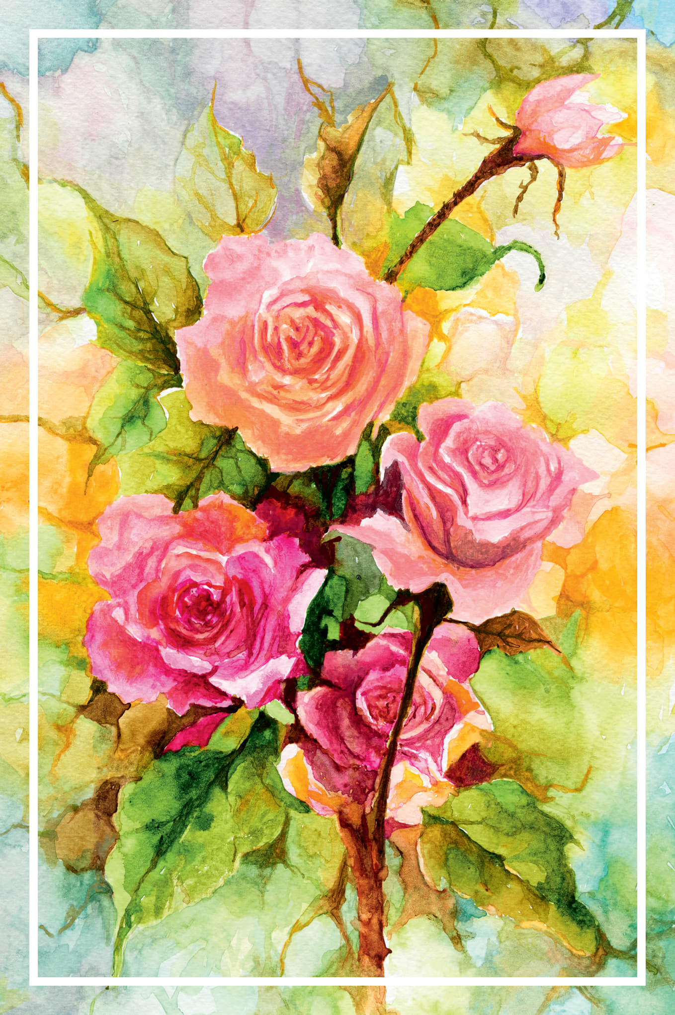 Rosenstrauch (2503) Romantische Doppelkarte mit passendem Kuvert, Motiv zeigt einen blühenden Rosenstrauch in Rosa und Pink auf aquarelliertem Hintergrund, Kunst des Mundmalers Jovito Sasutona, ideal für Grüße und Frühjahrsanlässe.
