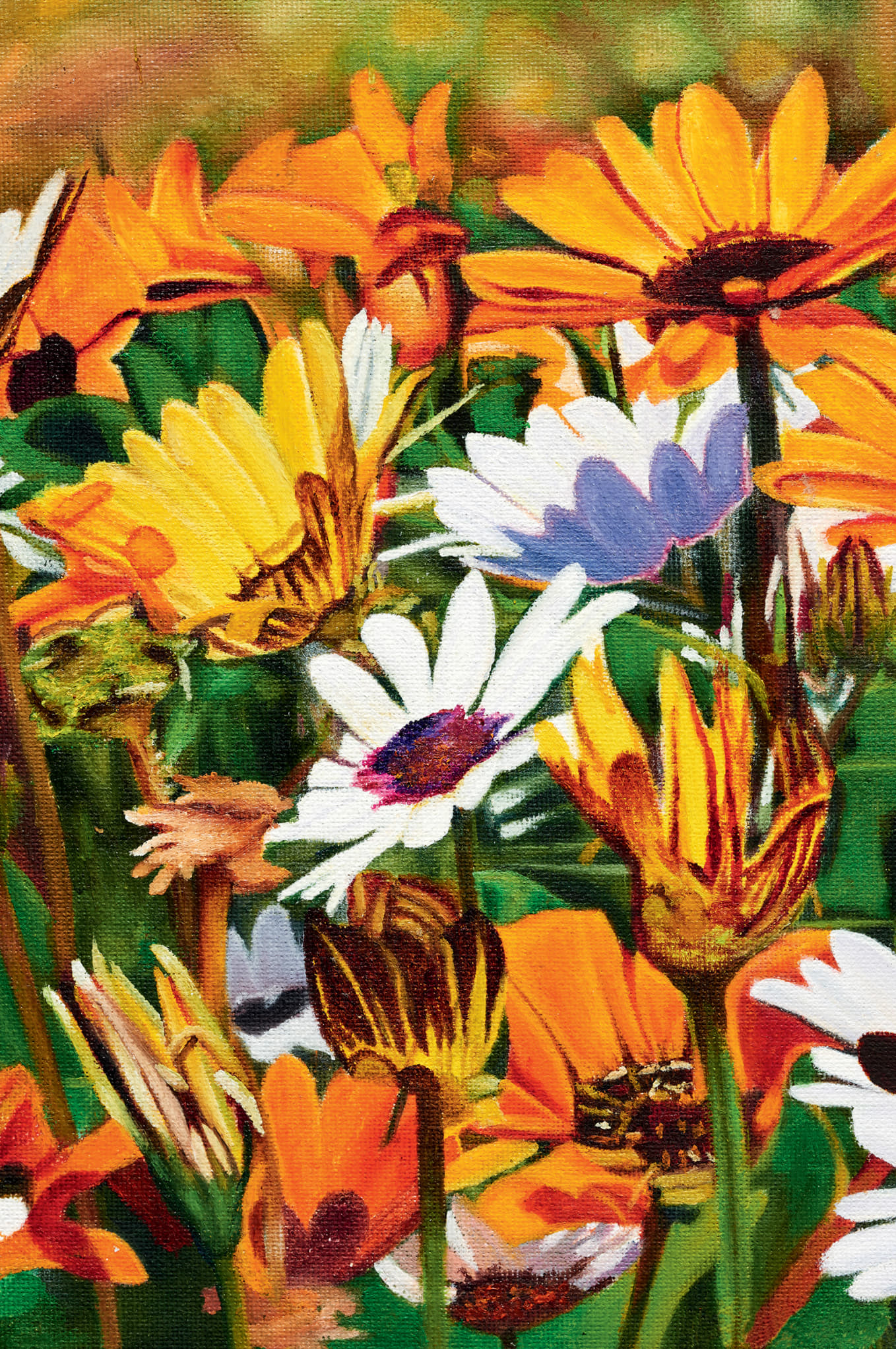 Wildes Farbenspiel im Blütenchaos. Sonnenblumen und Margeriten wetteifern um die schönste Farbenpracht, während warme Gelb- und Weißtöne das pure Sommerglück widerspiegeln.