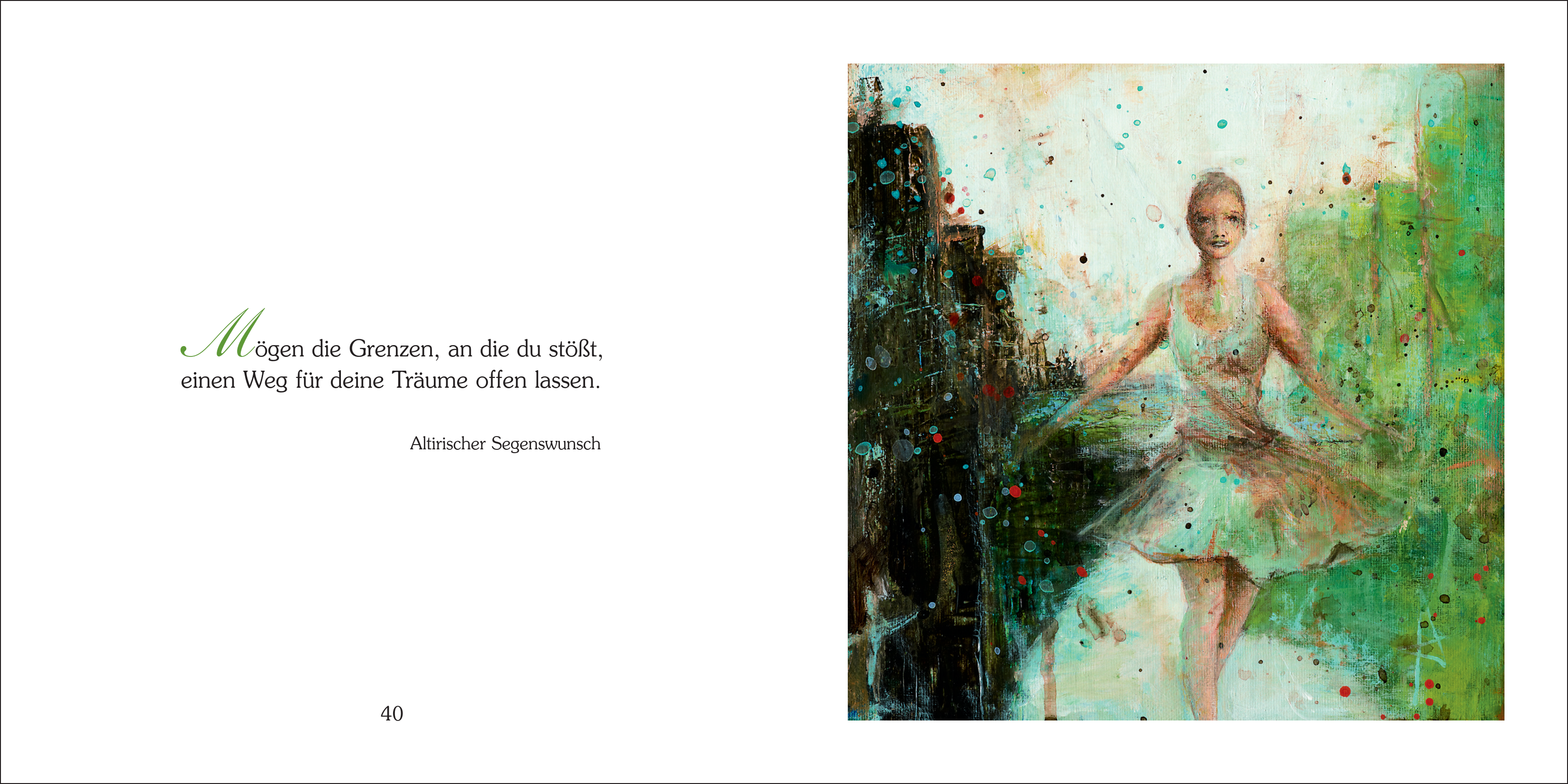 Aufgeschlagenes, gebundenes Geschenkbuch mit farbenfroher Illustration einer Ballerina und dem Aphorismus „Mögen die Grenzen, an die du stößt, einen Weg für deine Träume offen lassen.“ Ideal als Geschenkset mit Umschlag und Adressaufkleber.