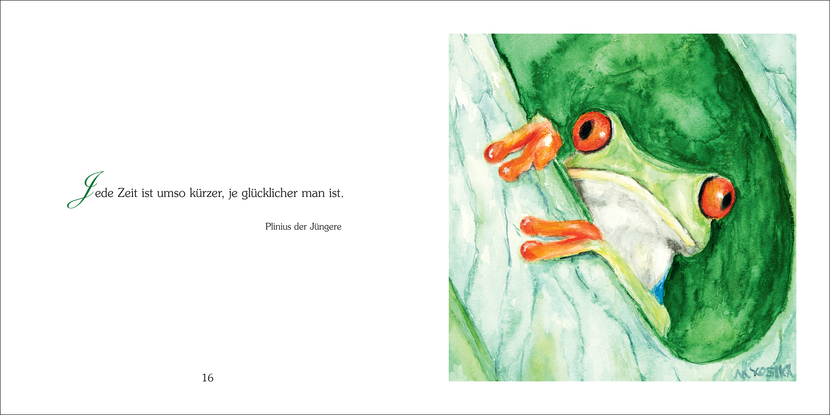 Offenes Geschenkbuch mit buntem Frosch-Aquarell auf der rechten Seite und Aphorismus auf der linken Seite: „Jede Zeit ist umso kürzer, je glücklicher man ist.“ Geschenkset mit Umschlag, 14 x 14 cm.